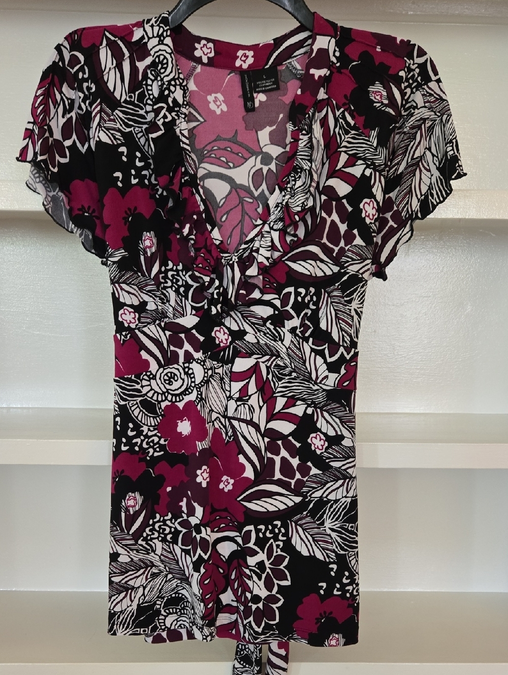 New Directions Pink, Magenta & Black Floral Wrap Top